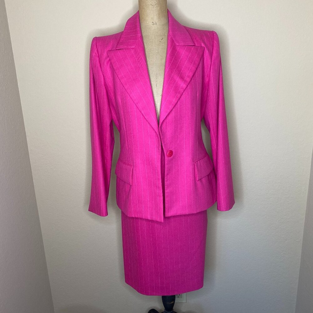 vintage yves saint laurent rive gauche pink 2 piece skirt suit set